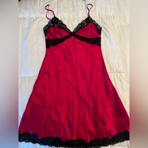Victoria’s Secret Red silk chemise with black lace and pin tuck detail. Size S